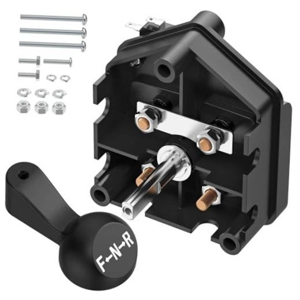 Black forward-reverse switch with F-N-R handle and metal terminals for golf cart control