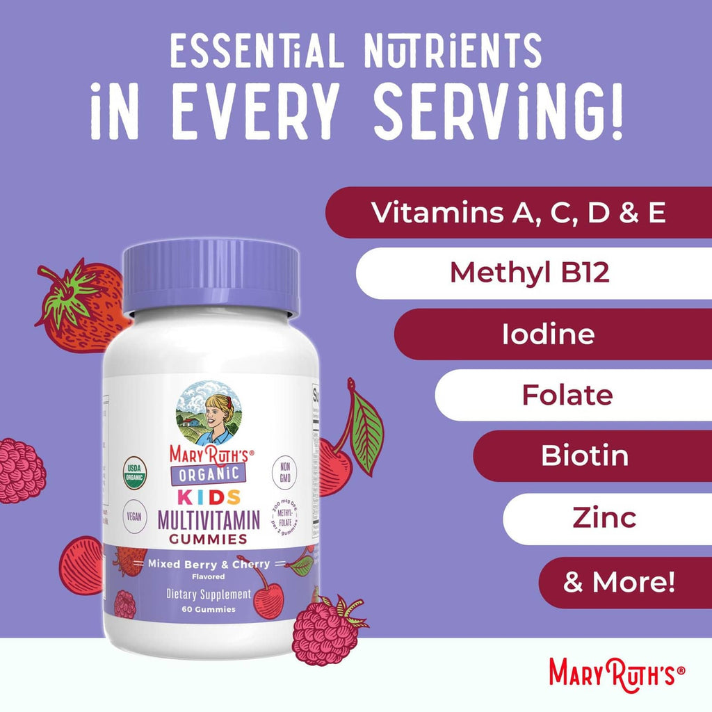 Organic kids multivitamin gummies bottle with essential nutrients list and vitamin icons