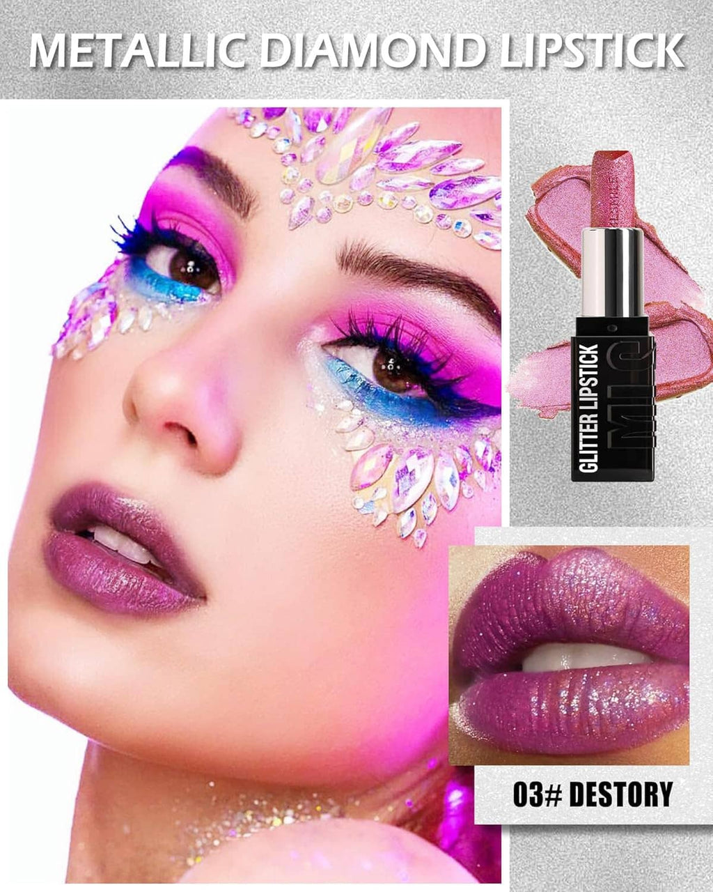 Metallic diamond glitter lipstick on lips, rose pink shimmer with product close-up