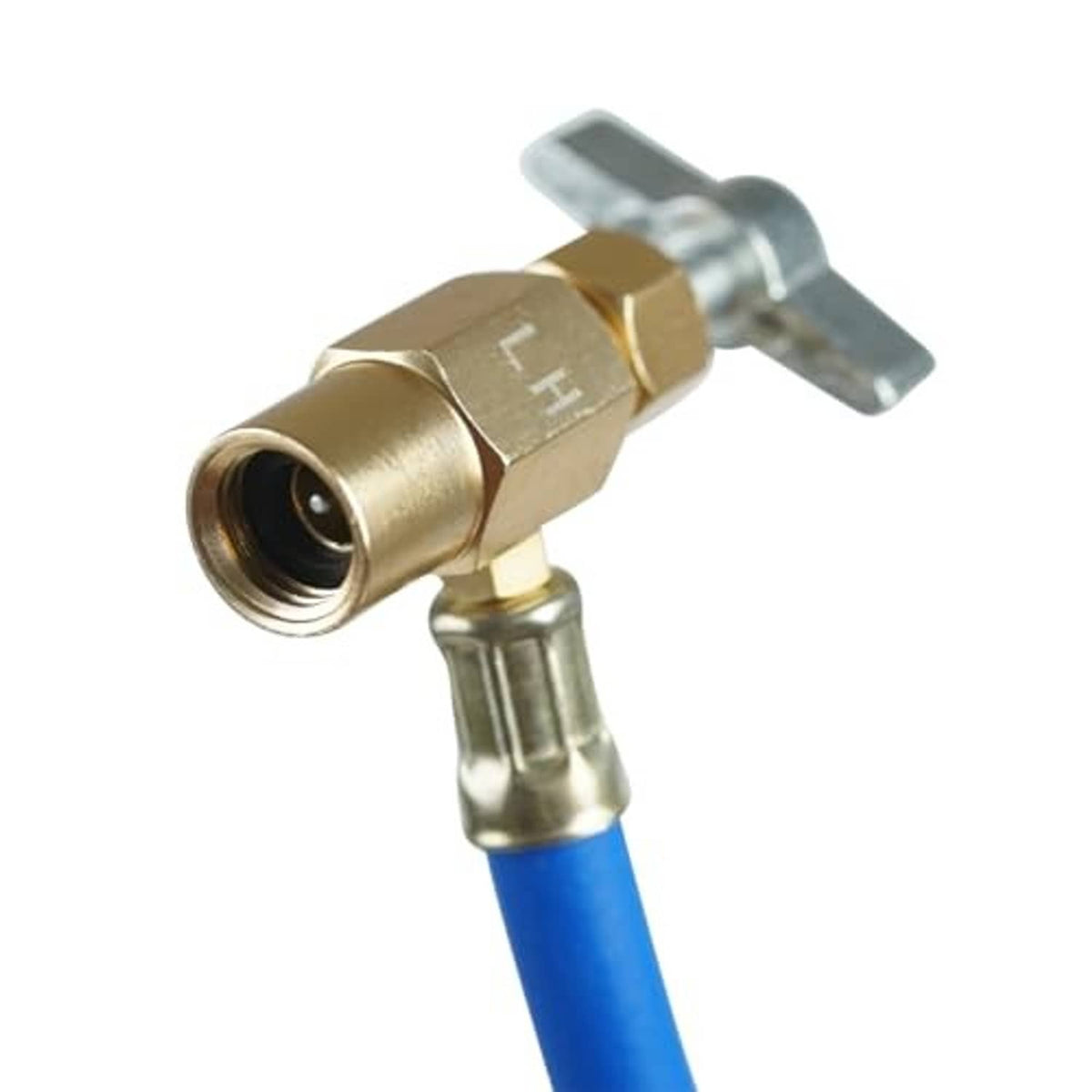 Brass valve adapter with knurled body and metal handle on blue hose end connector