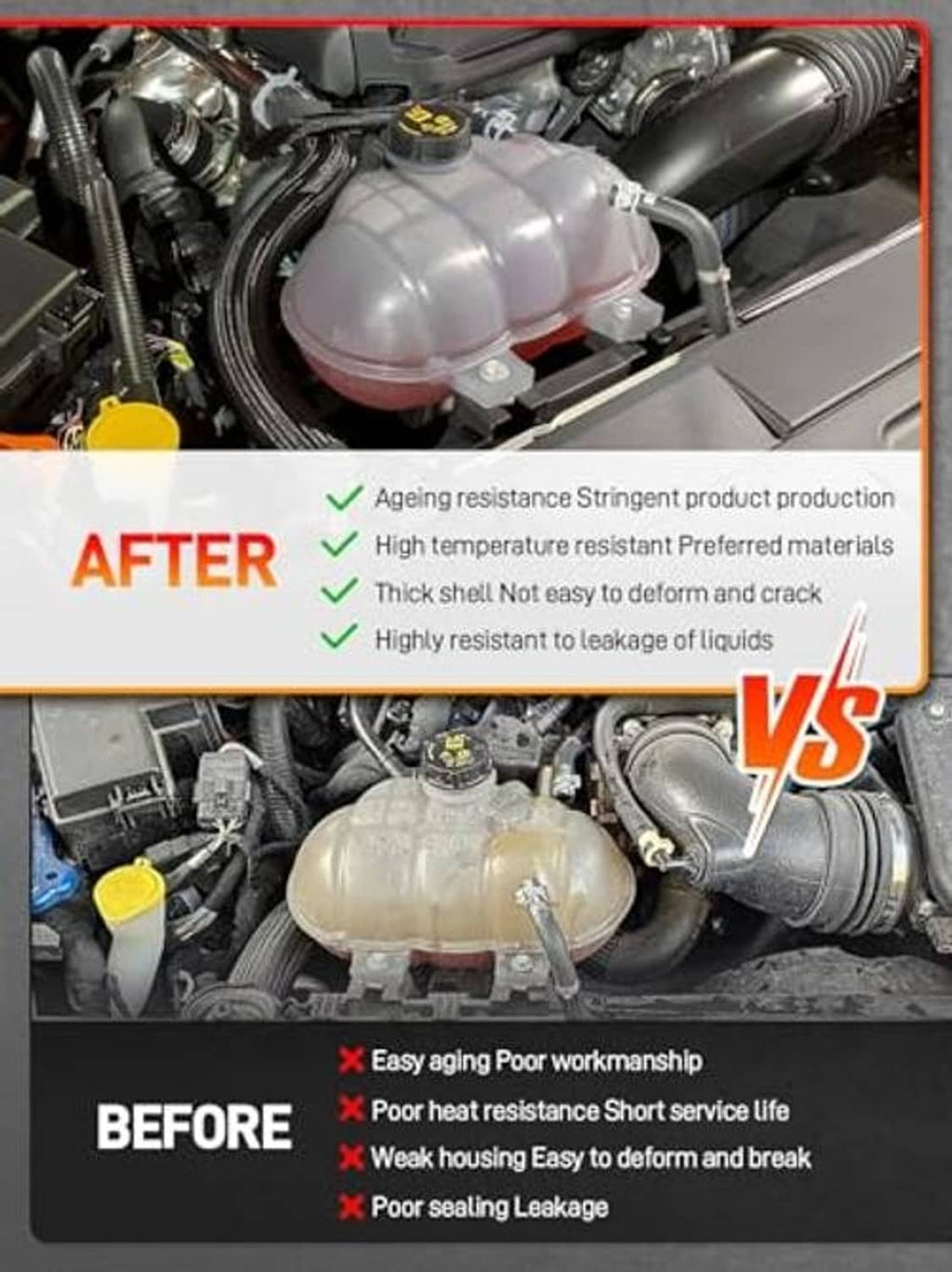 White coolant expansion tank installed in engine bay with black cap
