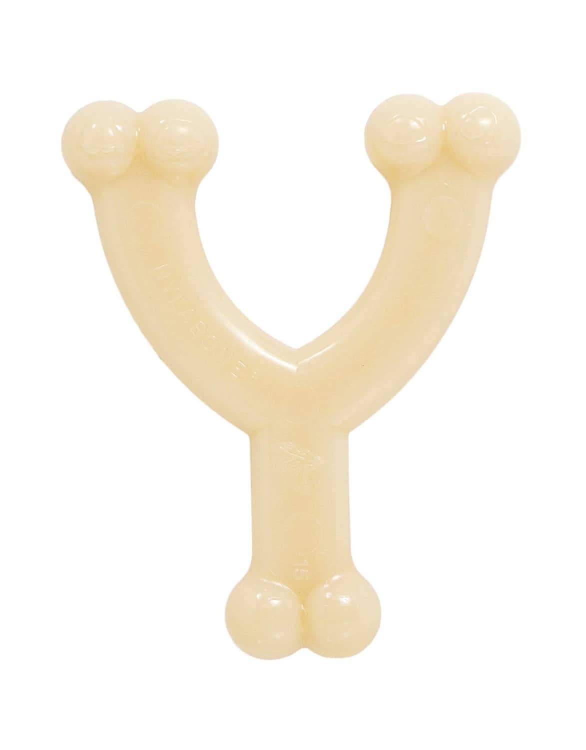 Beige wishbone-style nylon dog chew toy with bone tips and U-shaped design