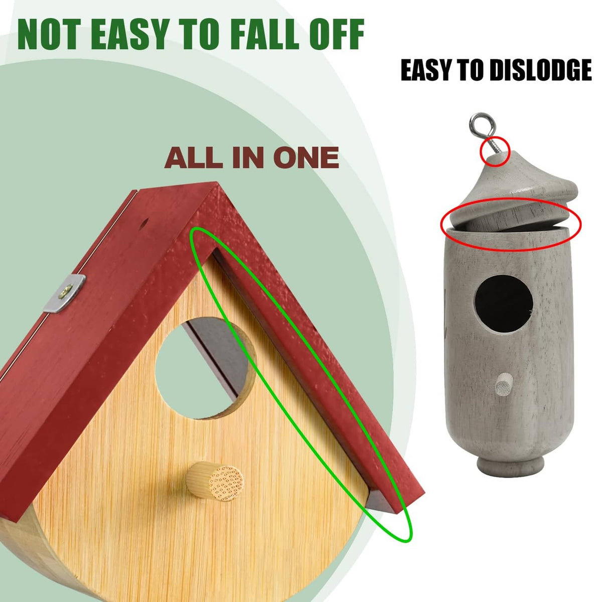 Red wooden hummingbird bird house with round entrance and disassembly features, hanging