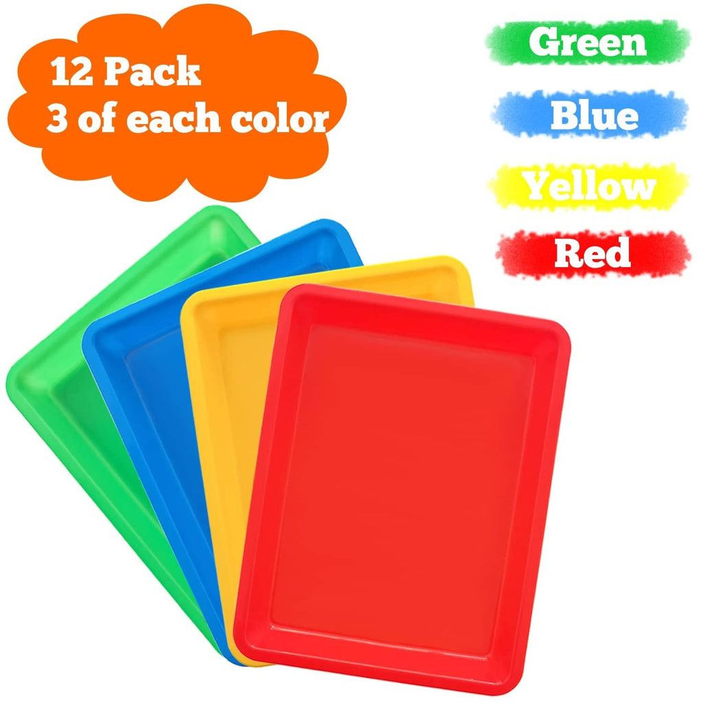 12-pack plastic art trays in red, yellow, green, and blue, square shape