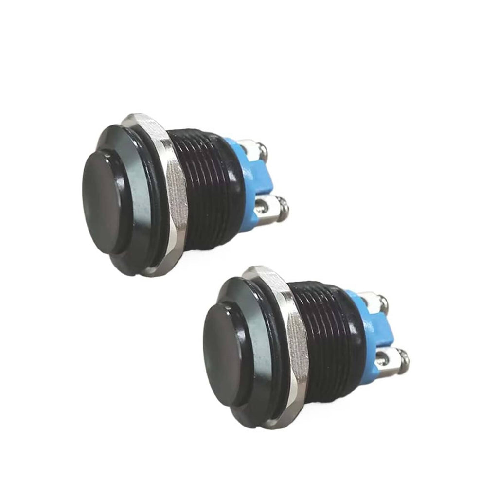 Two round momentary horn push button switches with black housing and blue terminals