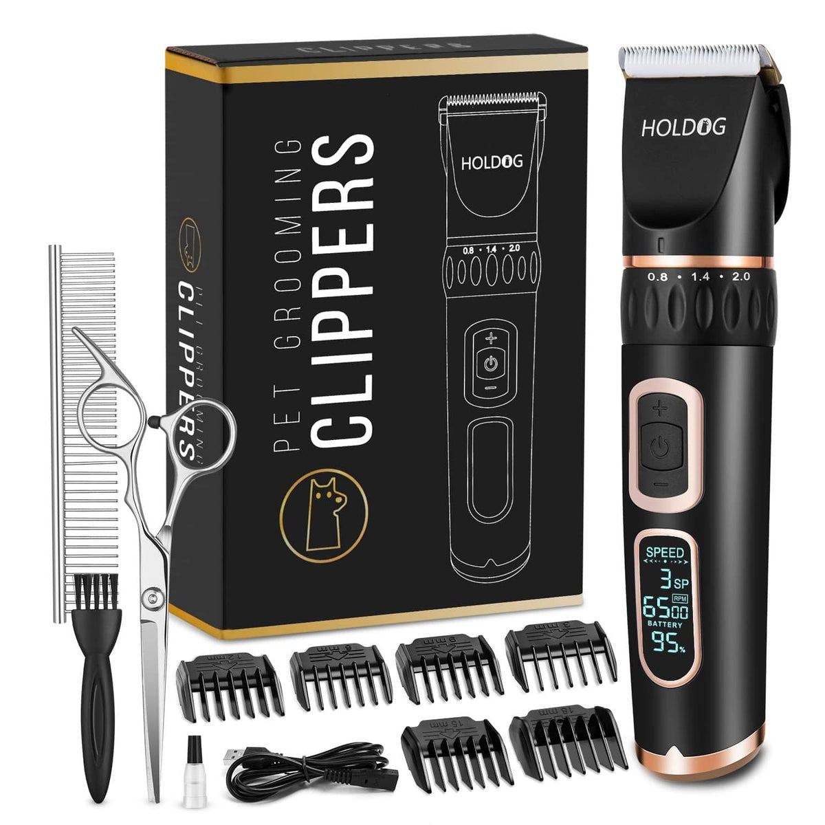 HOLDOG pet grooming clippers kit in black with LCD display, combs, and cord