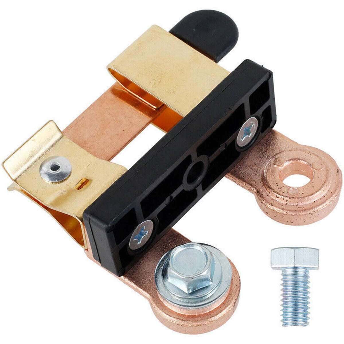 Automotive battery knife disconnect switch with copper posts and black lever
