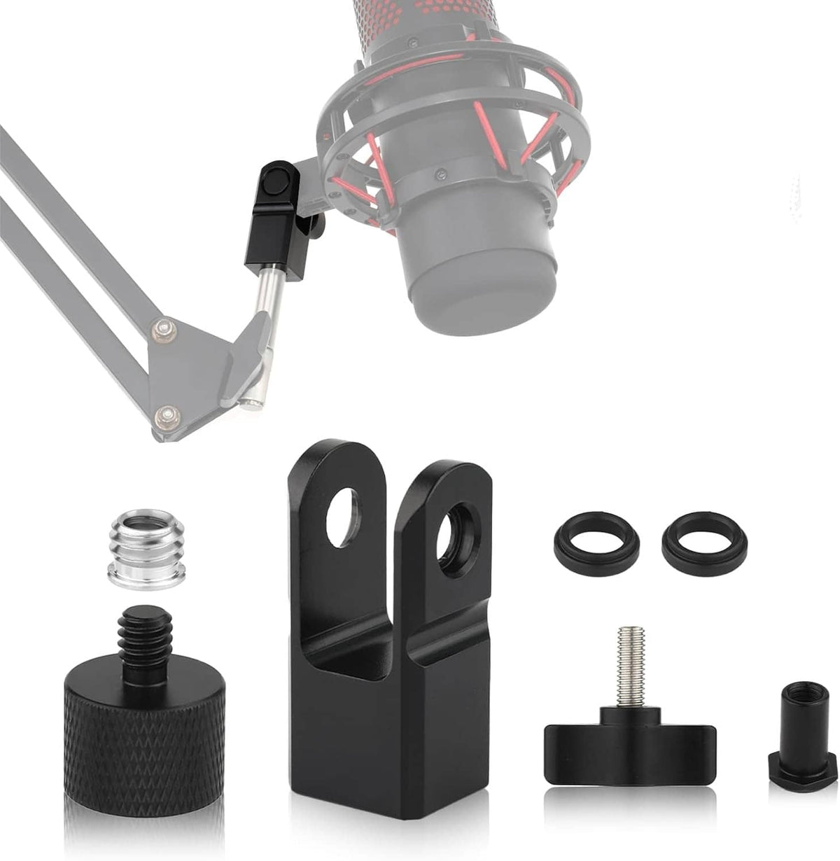 Black microphone mount adapter kit with inserts, spacer rings, and screws