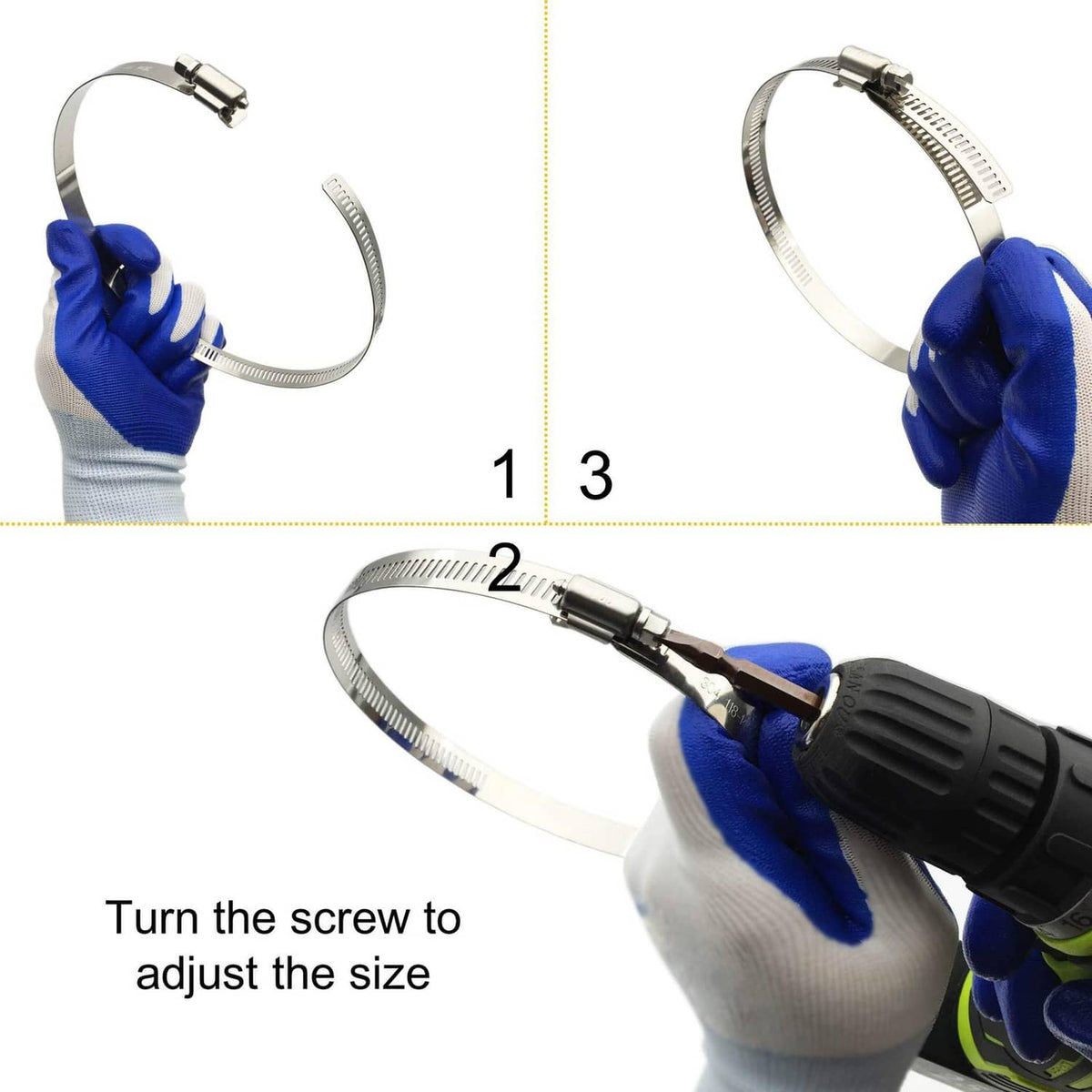 Stainless steel hose clamp tightened with screwdriver, adjustable screw band