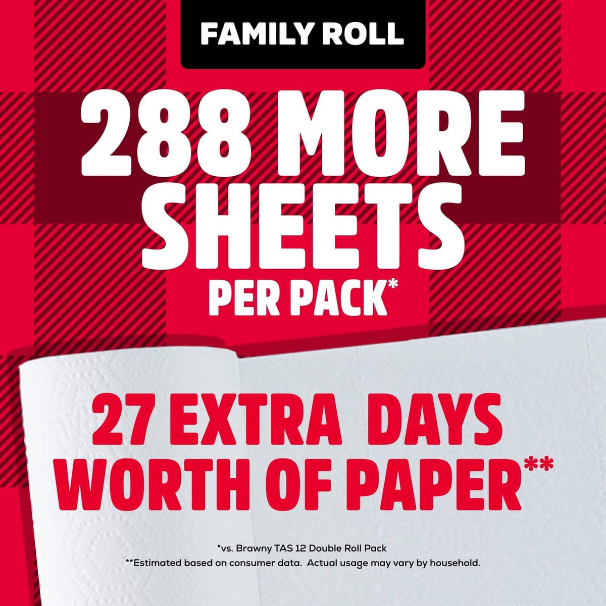 Paper towel promo showing white sheet and extra days per pack