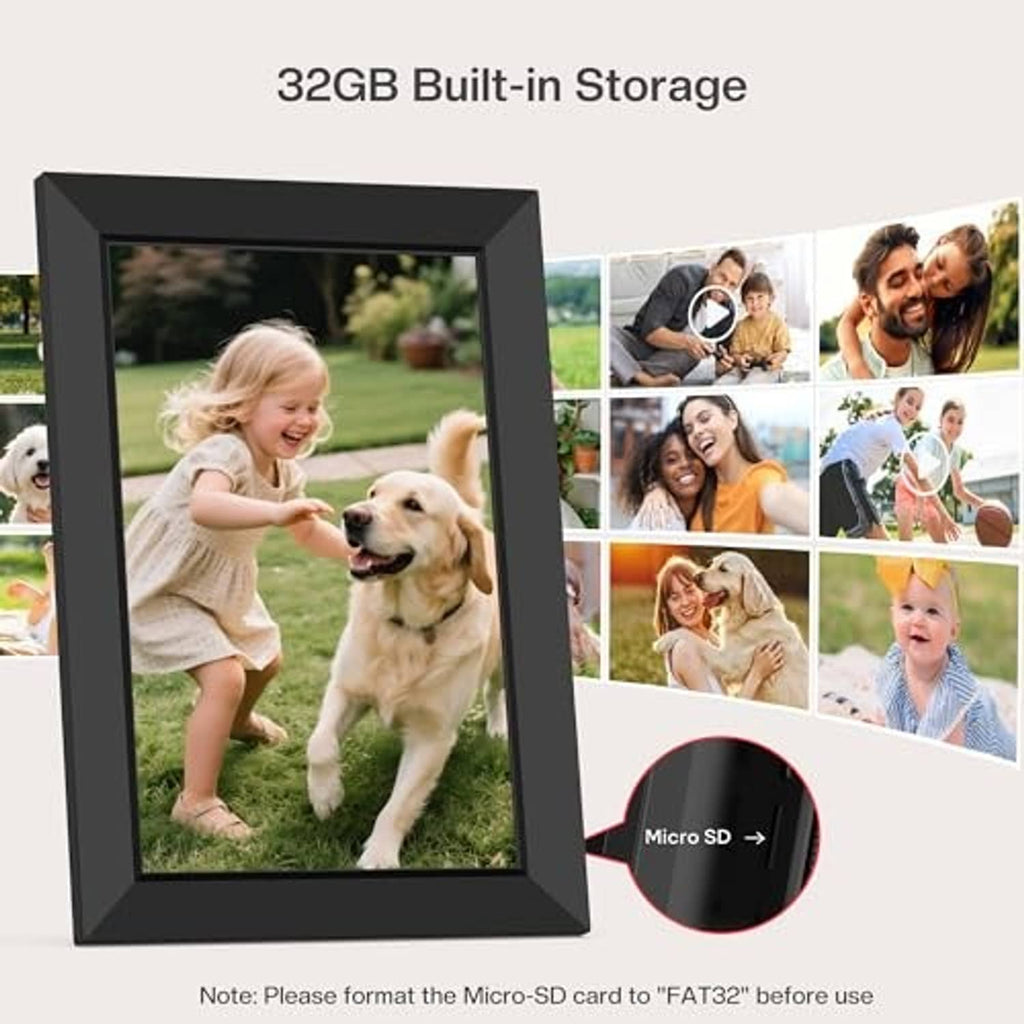 Black digital picture frame showing kid and dog photo with thumbnail gallery