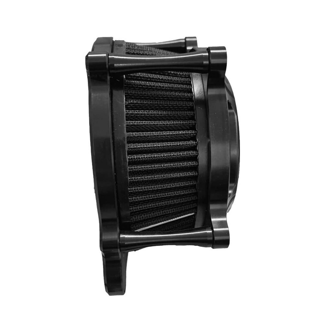 Black air cleaner intake filter with pleated panel and metal mounting frame