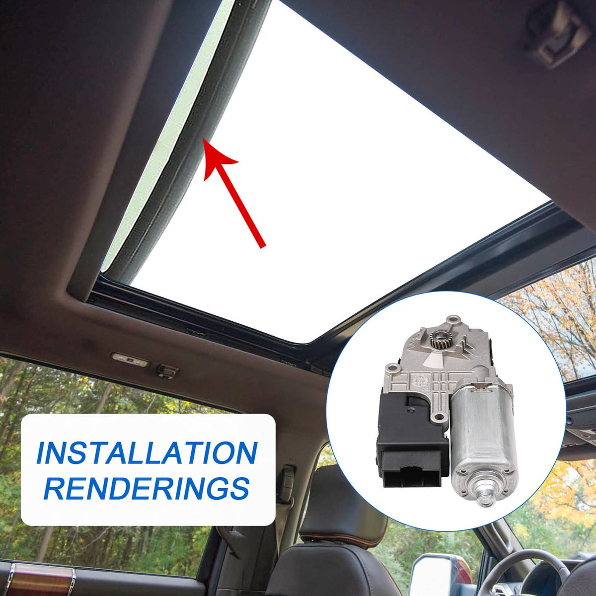 Sunroof moon roof motor detail in installation rendering, showing black plug and silver body