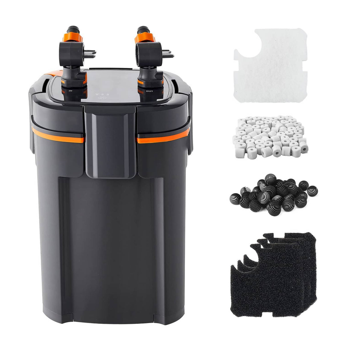 External aquarium canister filter with dual orange-capped intake ports and top fittings