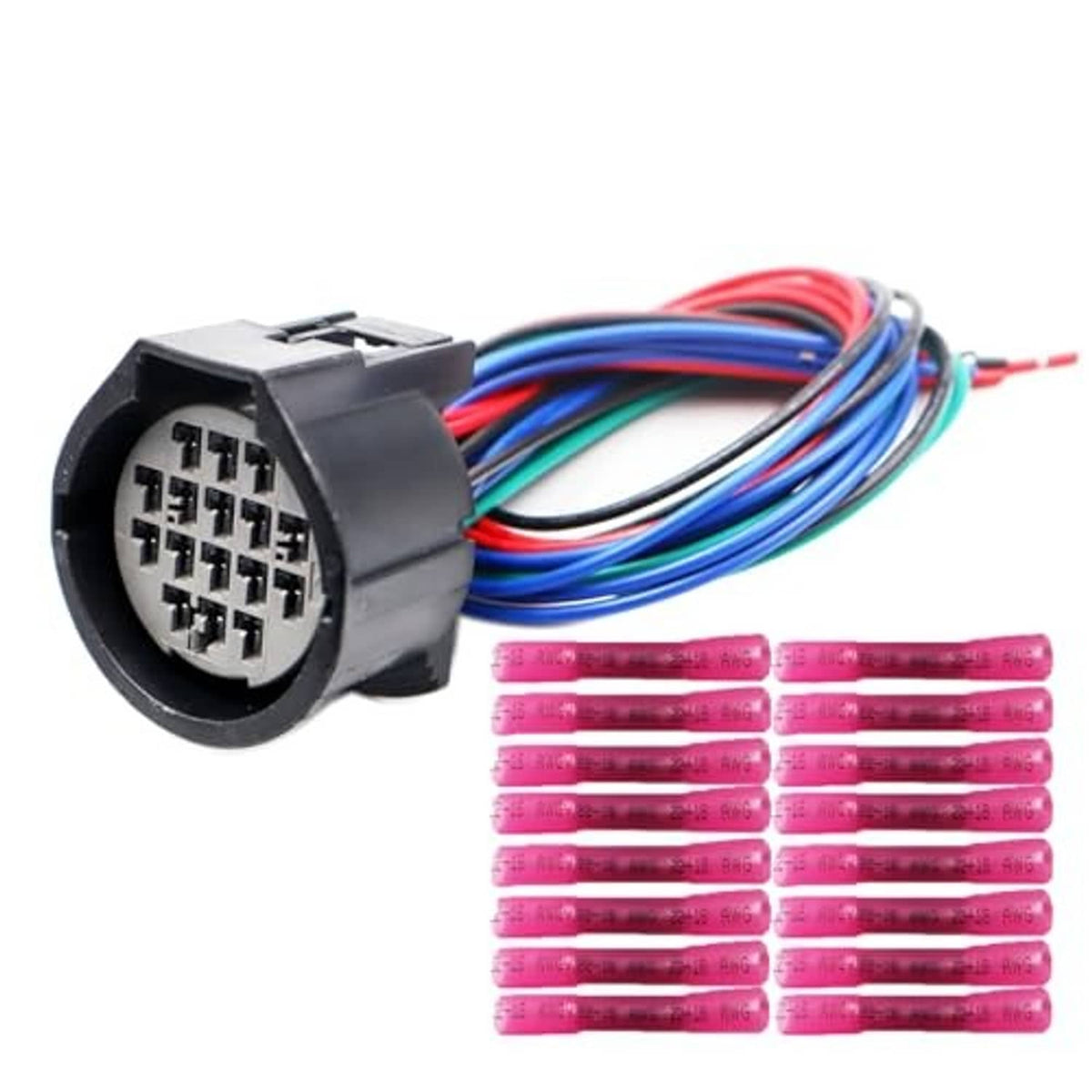 Headlight connector pigtail with multi-pin socket, bundled multicolor wires, pink terminal bars