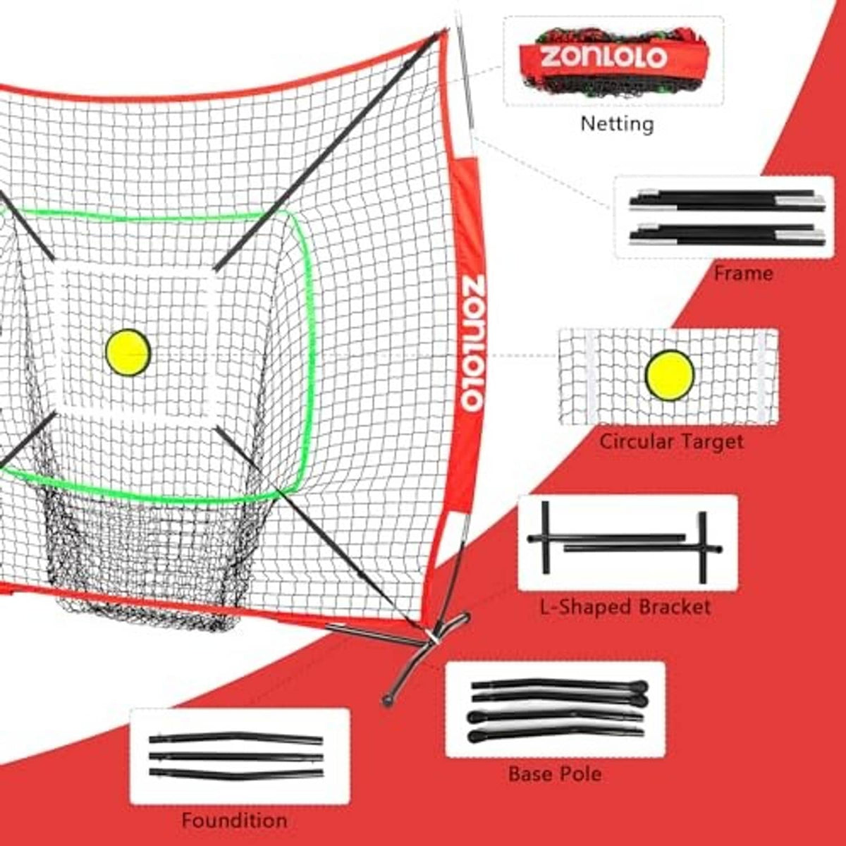 Practice net parts diagram: netting, circular target, frame, L-shaped brackets, and base poles.