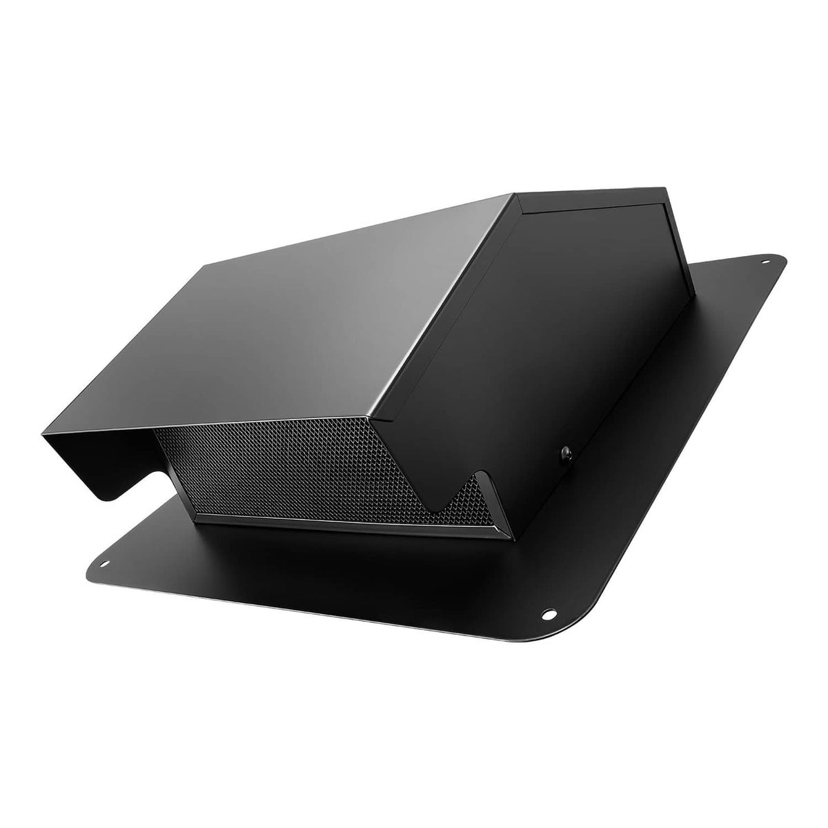 6-inch hooded wall vent cover with black metal hood and mesh intake screen