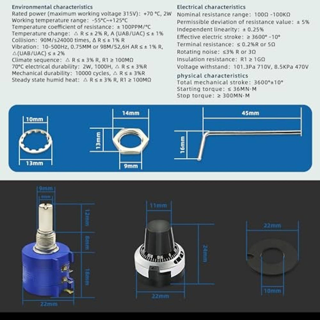 Wire-wound potentiometer with blue housing, metal shaft, and dimension diagrams