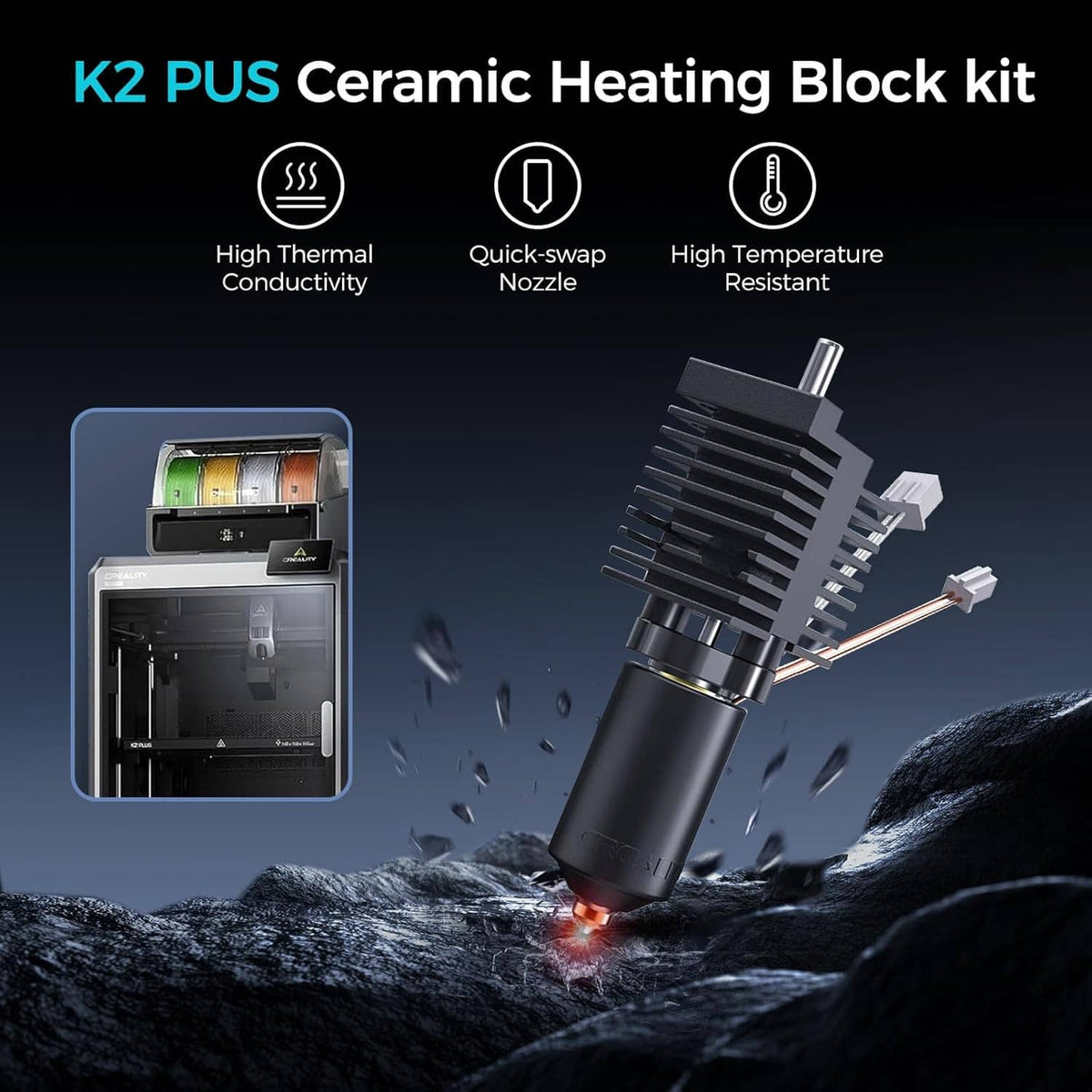 Ceramic heating block hotend kit with black finned heatsink and wiring leads