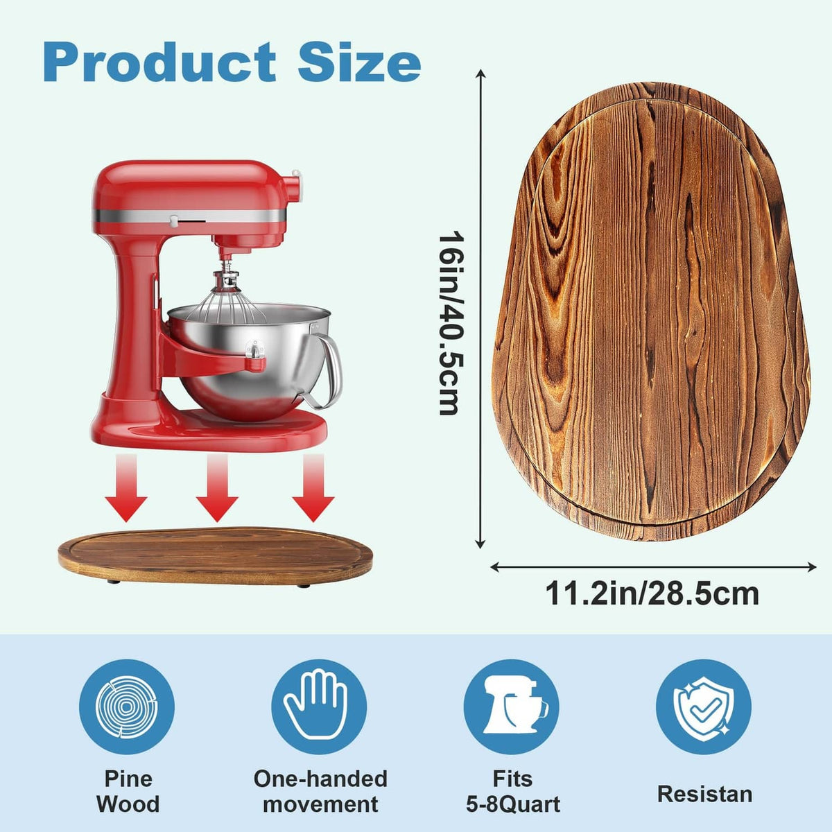 Brown pine wood bowl lift slider, oval board with size for KitchenAid 5-8 qt