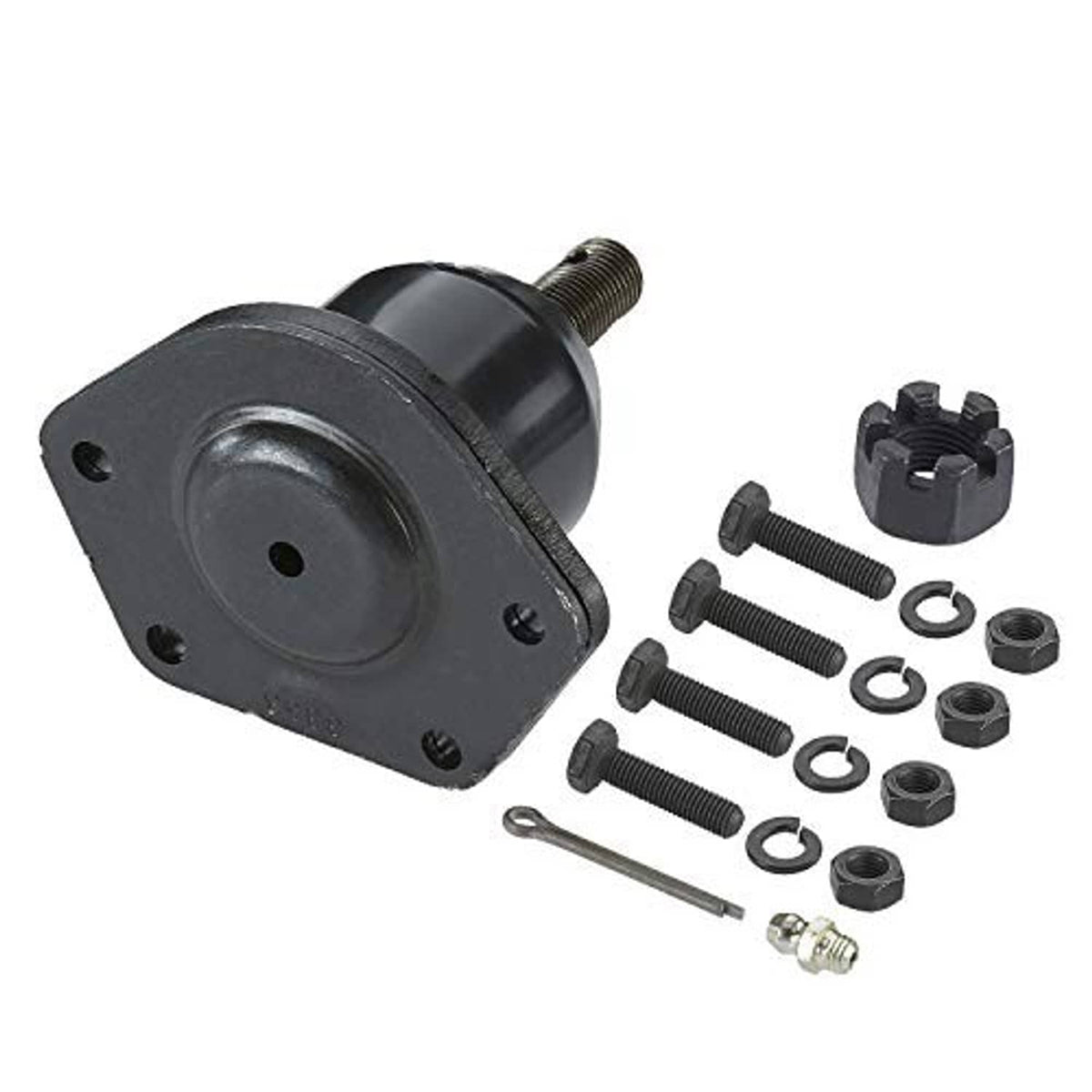 Front upper suspension ball joint with bracket base and threaded stem, plus included hardware