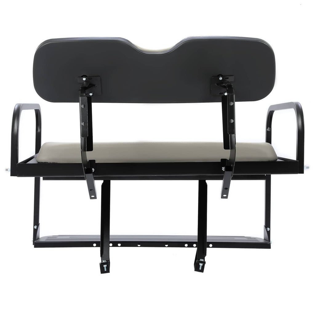 Rear flip seat with gray cushions and black backrest panels