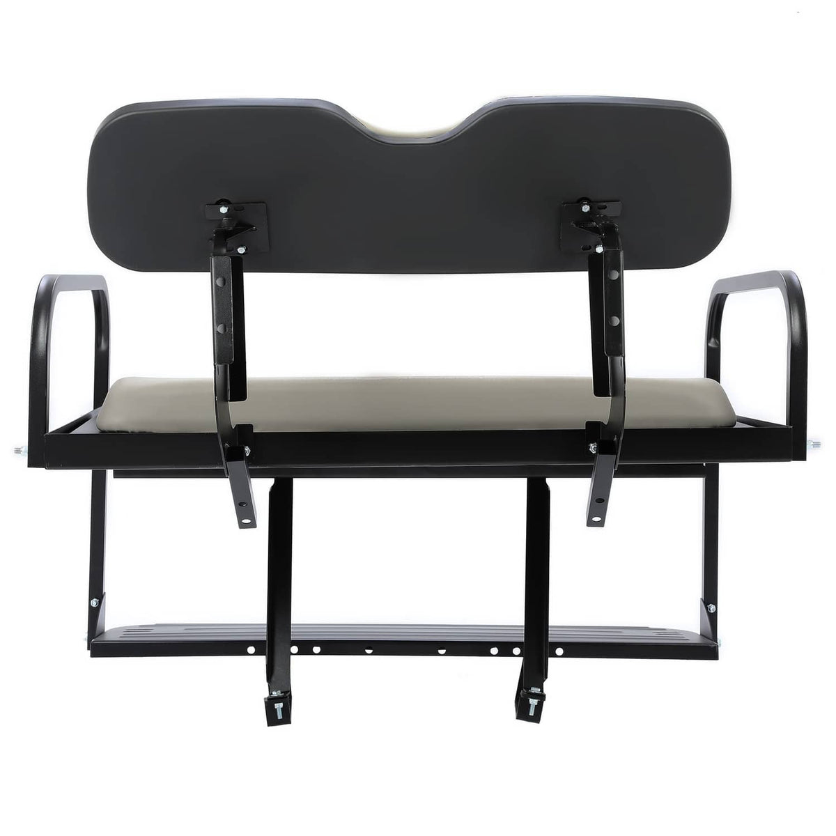 Rear flip seat with gray cushions and black backrest panels