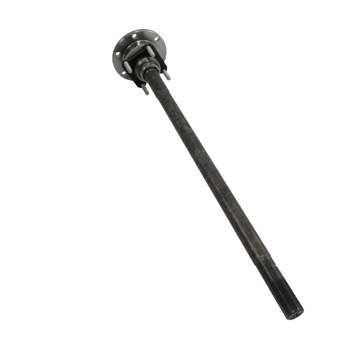 Rear axle shaft with bearing hub, diagonal view of dark metal shaft