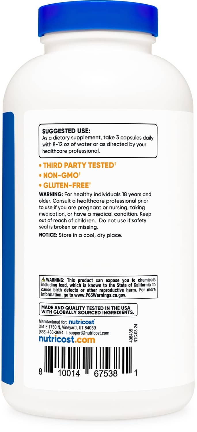 Psyllium husk supplement bottle back label with suggested use, warnings, and ingredients