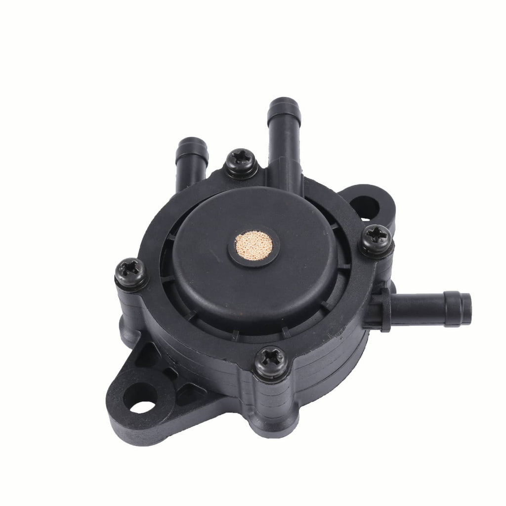 Compact black diaphragm fuel pump with copper mesh center and two outlet hose ports