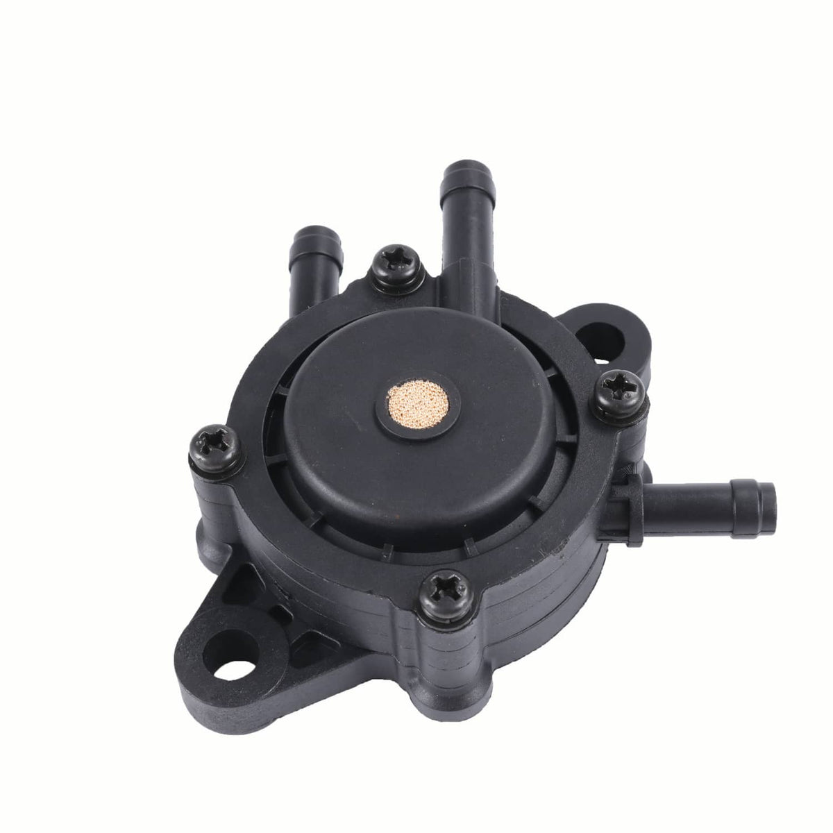 Compact black diaphragm fuel pump with copper mesh center and two outlet hose ports