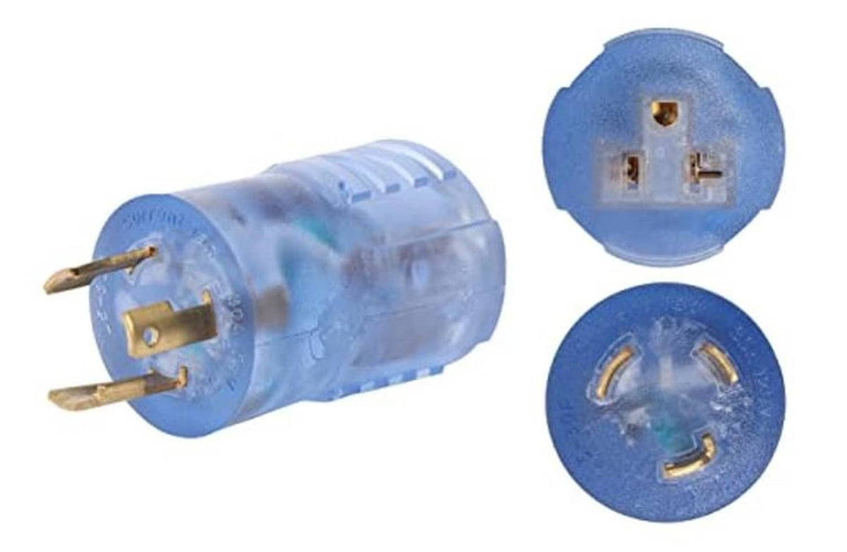 Blue twist-lock male plug with three-prong blades and two round receptacle ends