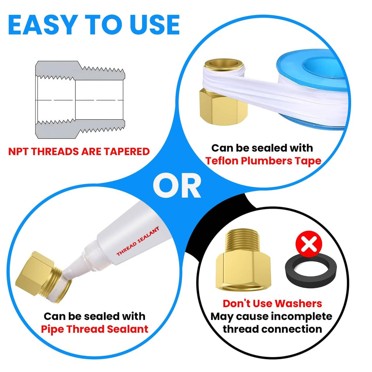 Brass pipe fitting sealing instructions graphic with threaded ends