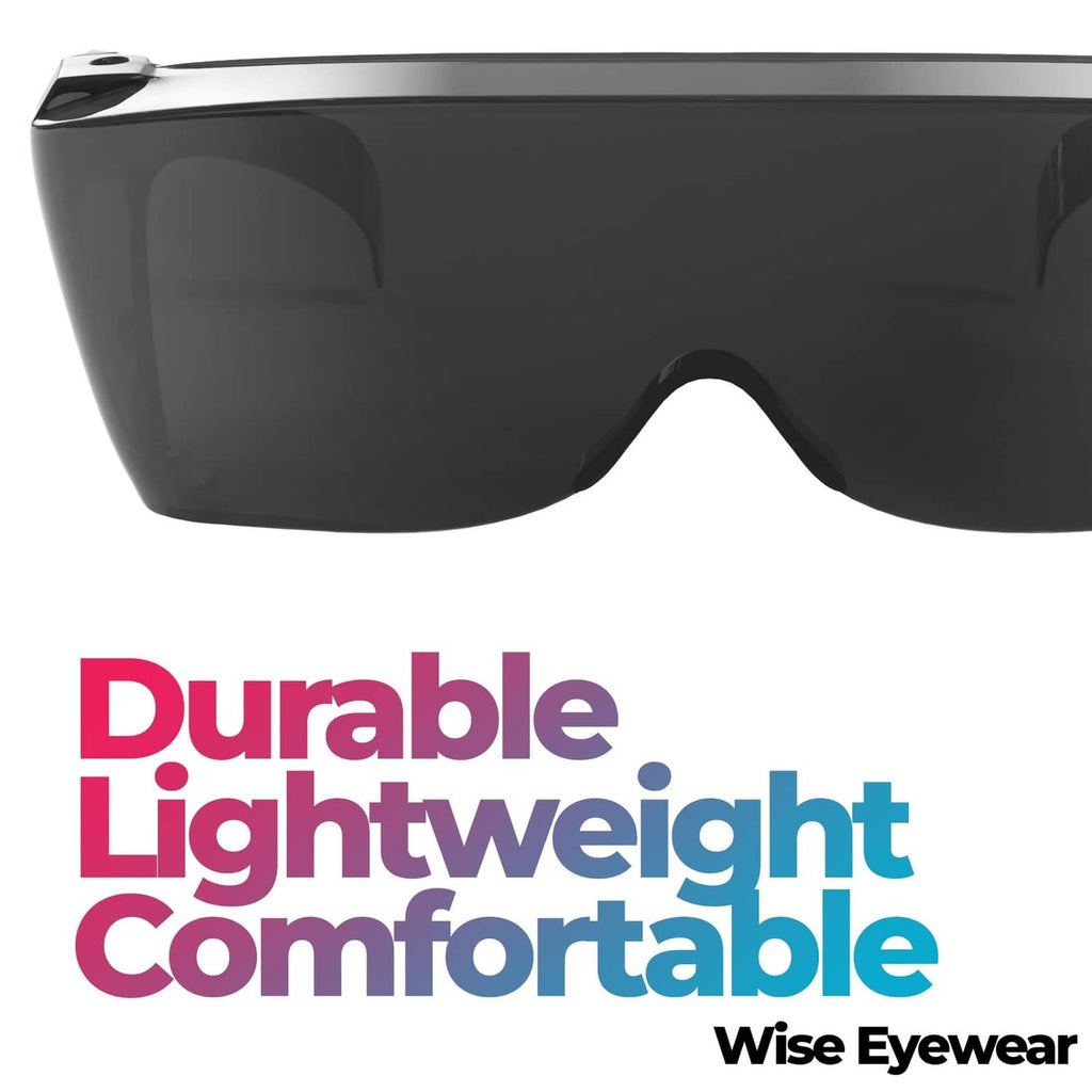 Black wrap-around sunglasses cover-up with dark tinted lenses, close front view.