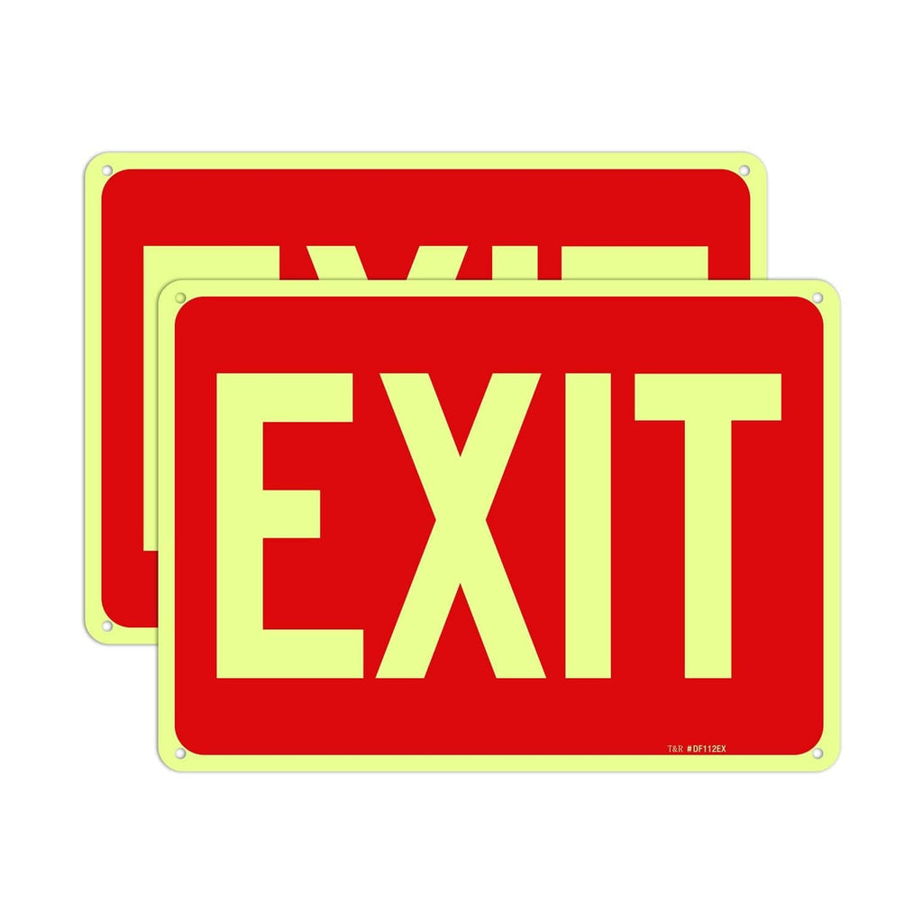 Red EXIT safety sign pair, yellow EXIT letters with green border, glow-in-the-dark style