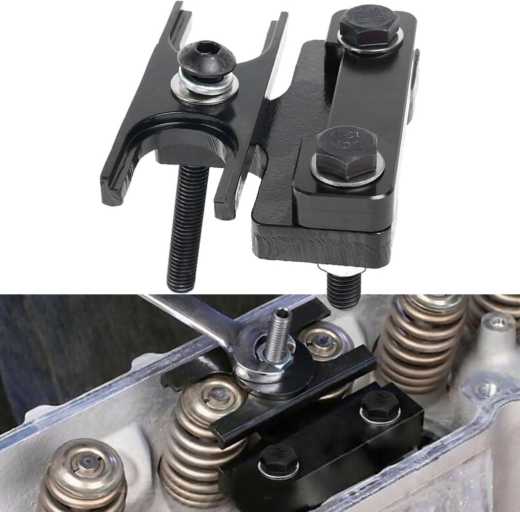 Valve spring compressor tool secured over valve springs on engine block