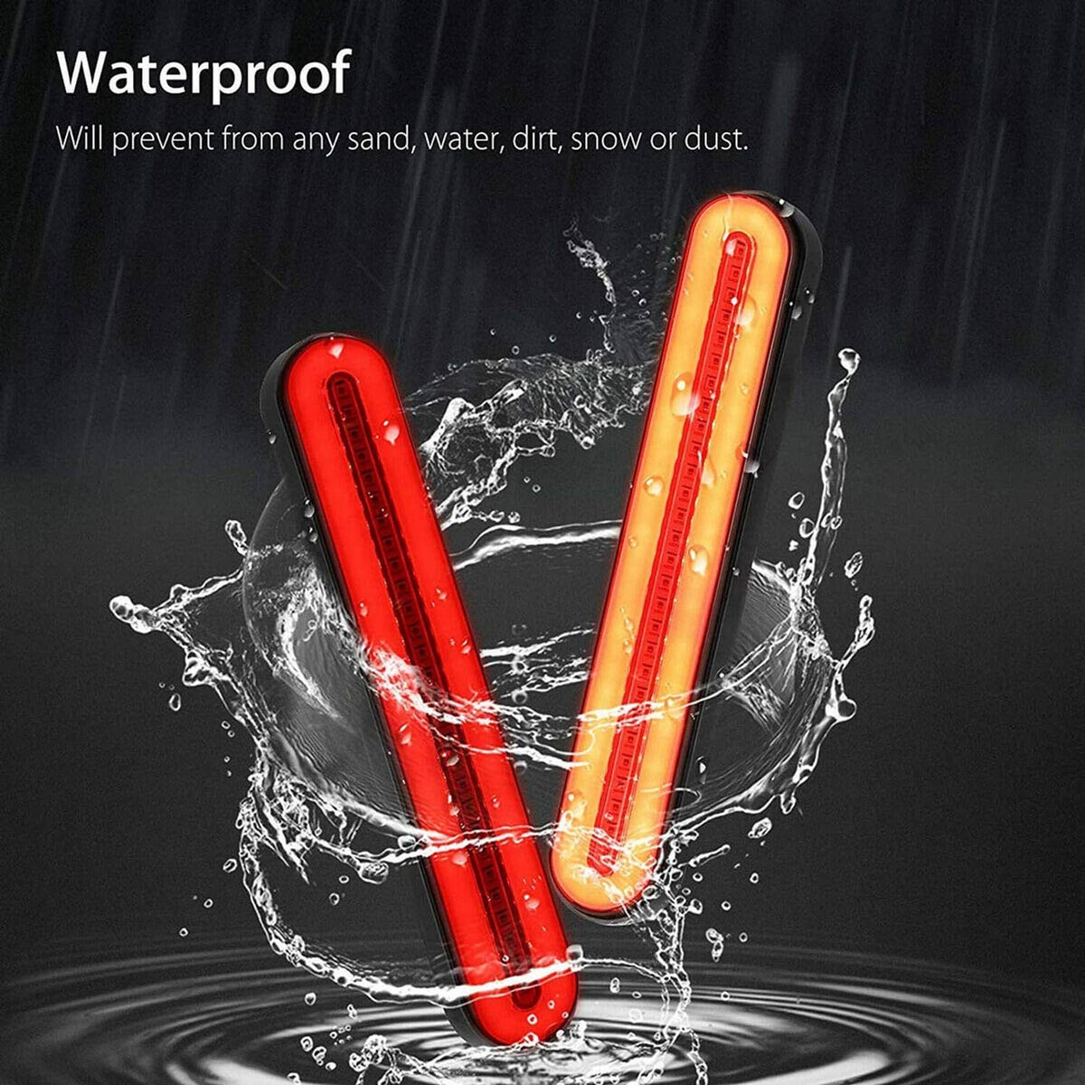Set of 2 waterproof LED light bars, red and amber glow, black housings
