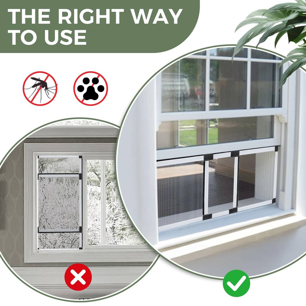 Properly installed window screen with secure frame and grey mesh across a window