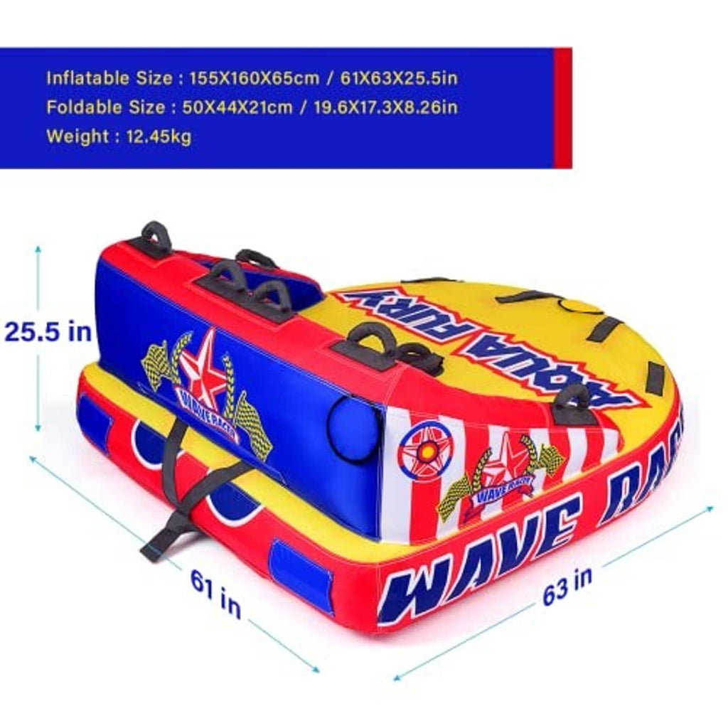 Inflatable towable tube with red, blue, and yellow cover, side straps and built-in handles