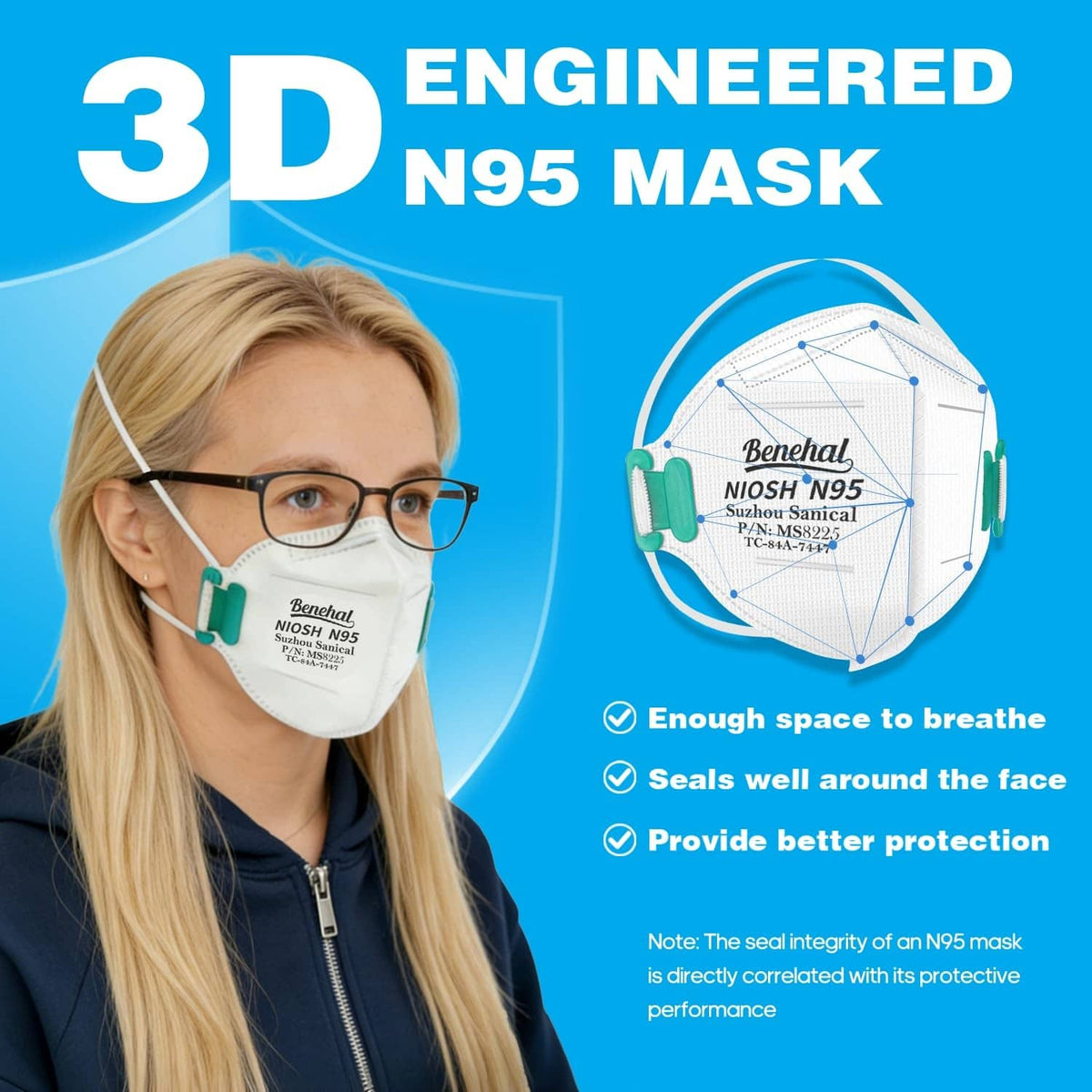 White 3D N95 mask with teal ear loops and molded filter shape