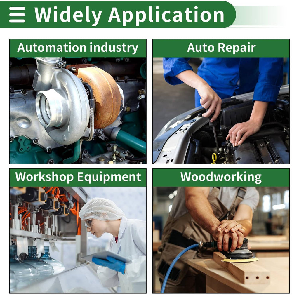 Quick-connect air fittings promotional infographic with four use-case panels