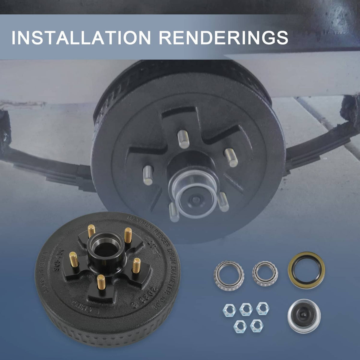 Trailer brake drum hub kit components with bearings and seals arranged for installation
