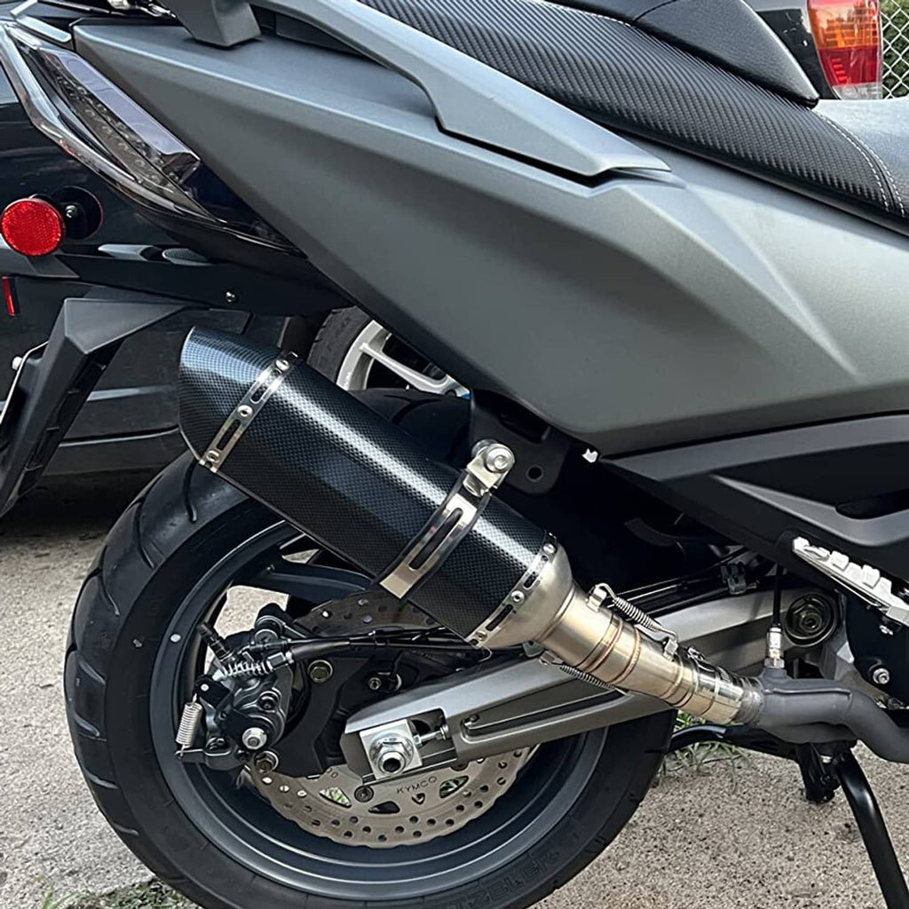Motorcycle exhaust muffler mounted on the rear, carbon-fiber sleeve with stainless pipe