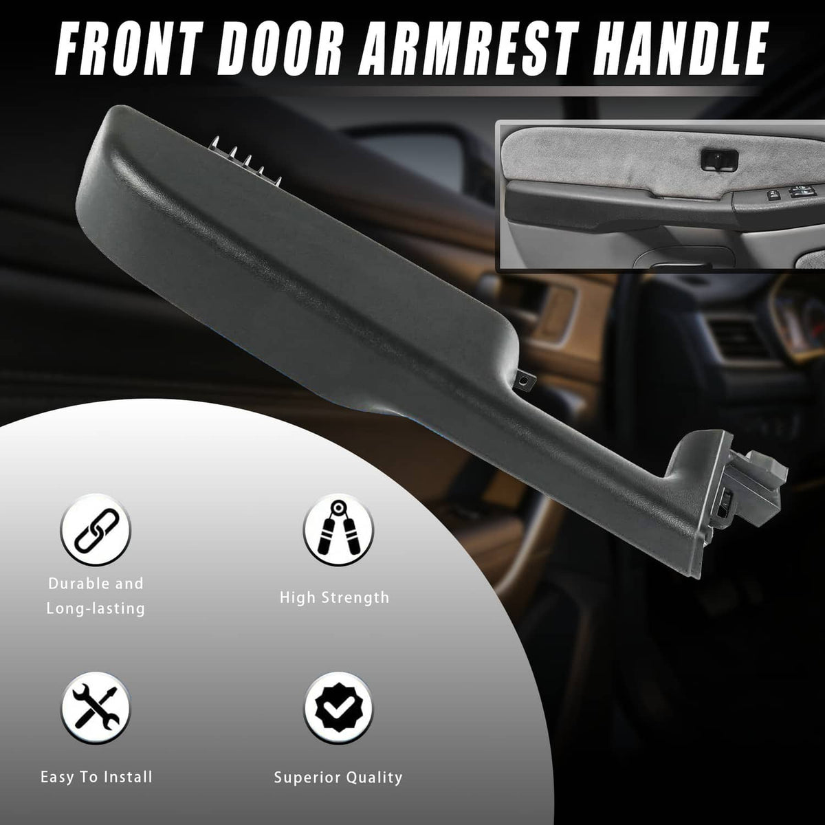 Black front door armrest handle with rectangular lever shape and mounting tabs