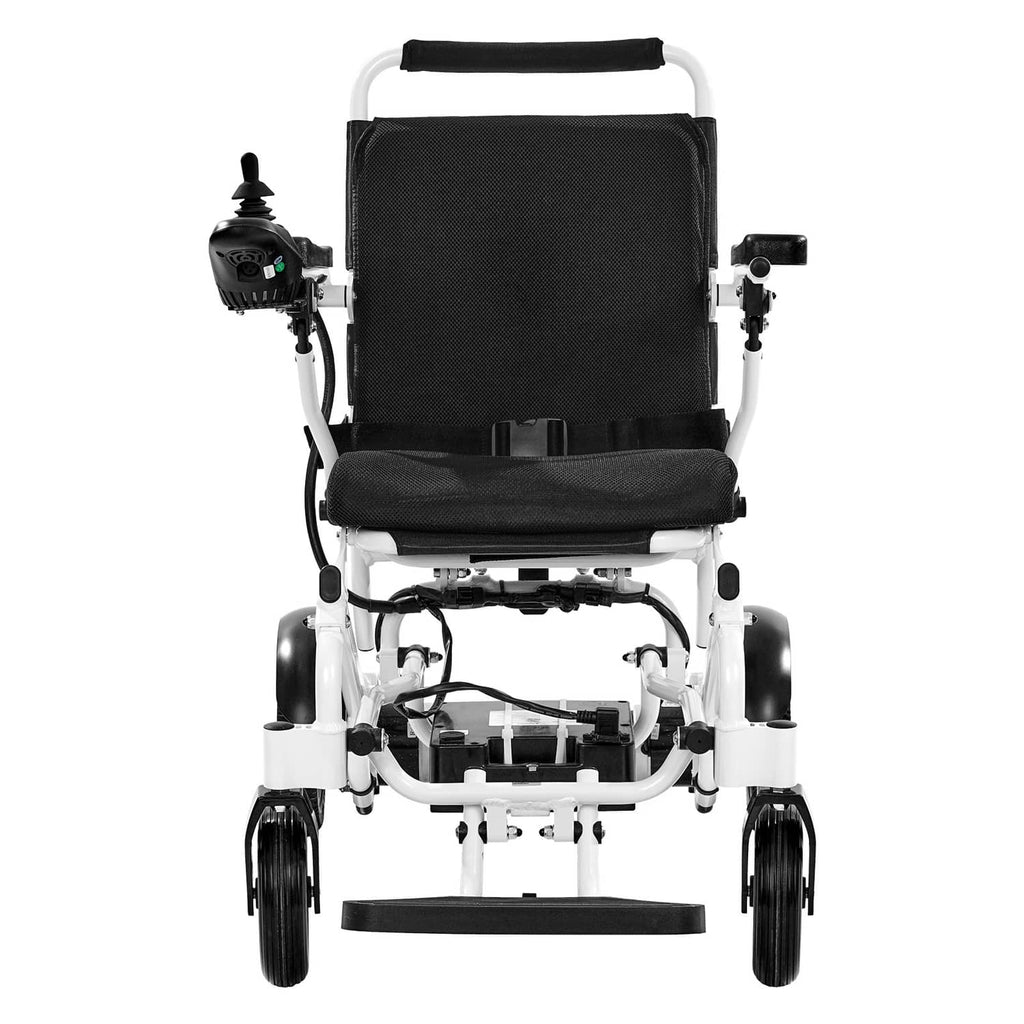 Foldable electric wheelchair with black seat and back, rear motor assemblies.