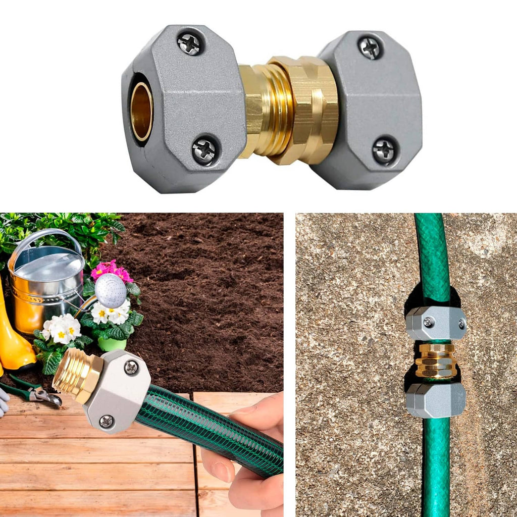 Garden hose connector with gray hex clamp body, gold threaded sleeve, and two mounting screws
