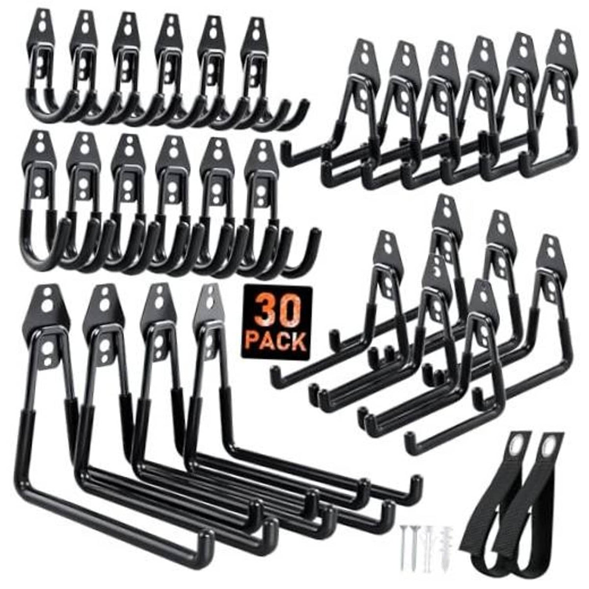 30-pack black steel garage wall hooks with anti-slip coating and curved U-shaped design