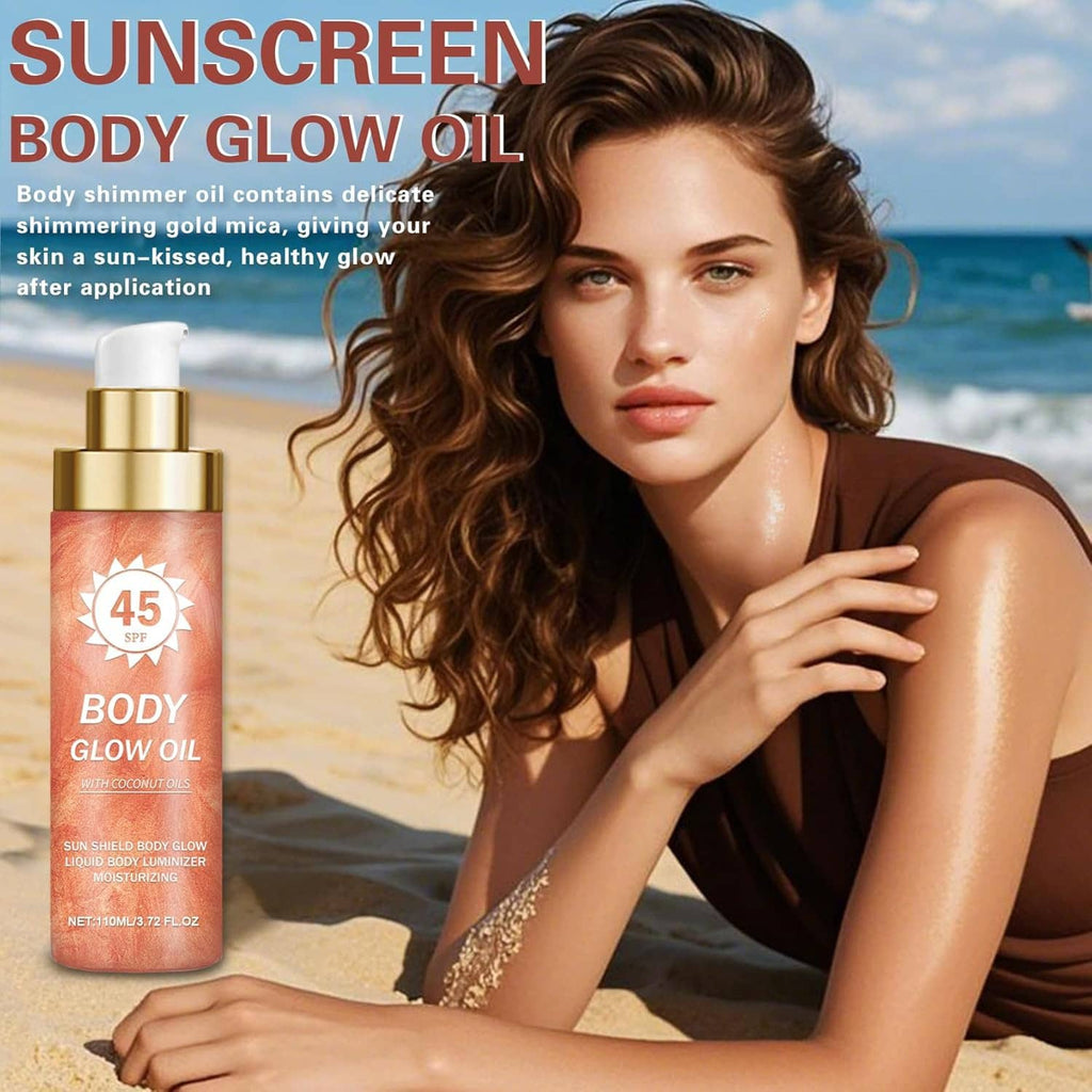 Shimmer sunscreen body oil bottle beside woman with dewy golden glow on shoulders.