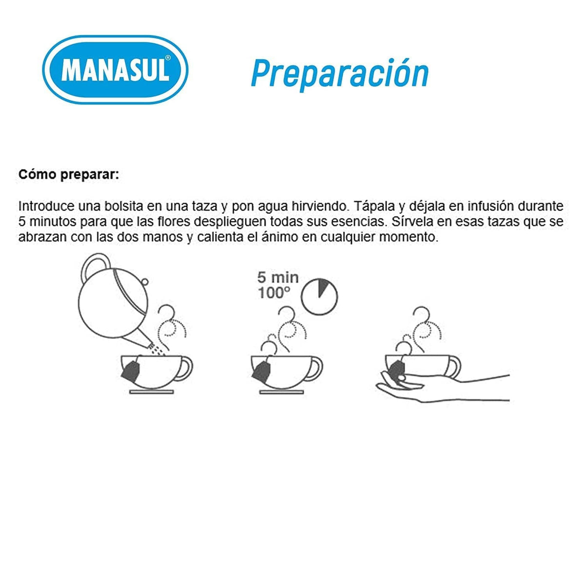 Herbal tea preparation steps diagram: steep for 5 minutes in boiling water