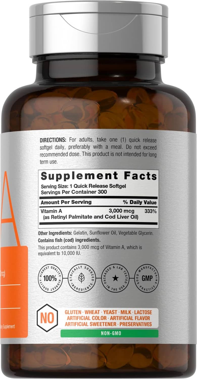 Horbäach vitamin A softgel supplement bottle, 300 count